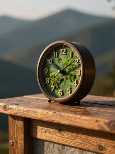 A finished resin memorial clock resting on a rustic timber mantle, casting long soft shadows in the golden hour mountain light, moody editorial photography