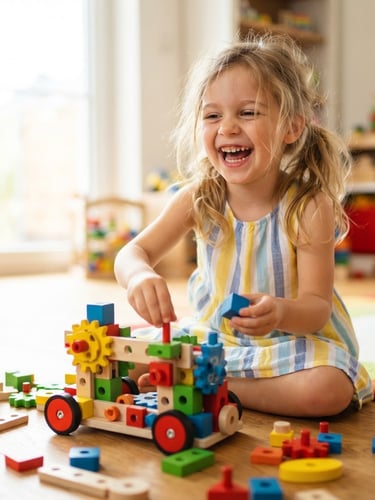 Eye-level shot of a young child laughing while assembling a colorful wooden STEM kit on a sunlit floor, bright playful photography, shallow depth of field