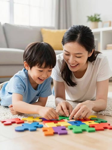 A warm, natural light shot of a mother and child laughing together while assembling a colorful wooden puzzle on a sunny living room floor