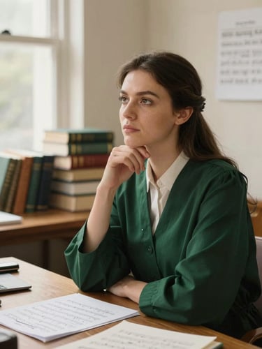 Warm editorial portrait of a female lawyer in a sunlit creative studio, looking thoughtful, sheet music and legal books on a wooden table in the background, 35mm.