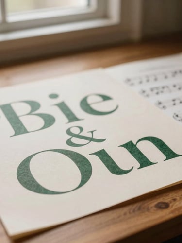 Close-up of elegant typography specimens resting on a wooden desk next to sheet music, soft natural window light, warm cream tones