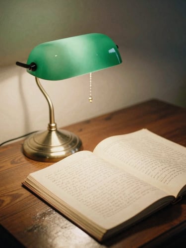 A vintage green lamp illuminating a handwritten manuscript on a dark wooden desk, soft shadows, warm nostalgic atmosphere, 35mm film.