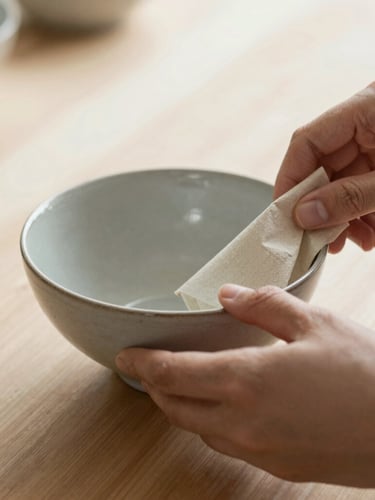 Close-up of hands carefully wrapping a ceramic bowl in textured paper, soft diffused morning light, shallow depth of field, natural wood surface, focus on tactile honesty.
