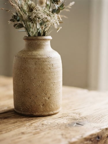 Close-up of a hand-thrown ceramic stoneware vase with a matte finish, resting on a raw light oak surface, soft diffused morning light from the right, emphasizing texture and grain, plenty of negative space.