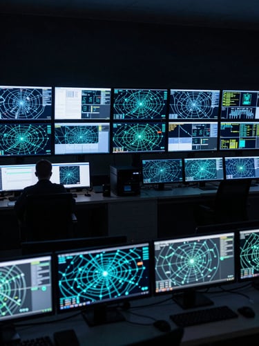 Wide panoramic view inside a dim security operations center, rows of monitors displaying cyan-tinted network topology maps and live threat-vector overlays, a lone operator at a console in the left third illuminated by cool LED ambient light from the screens, deep navy-black environment with subtle blue cast, no people in heroic poses, operational calm under load