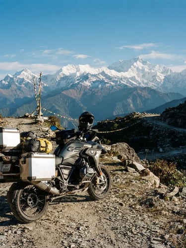A well-maintained adventure motorcycle parked on a rugged Sikkim mountain pass, crisp morning light, snow-capped Himalayan peaks in the background, 35mm photography.