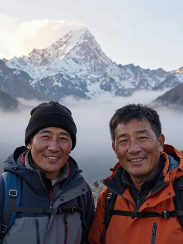 A close-up portrait of two native Himalayan guides in warm outdoor gear, smiling under soft overcast mountain mist, rugged peaks in the far distance.