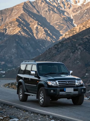 A clean, well-maintained black 4WD SUV driving on a winding mountain road in Sikkim, dramatic mountain shadows, crisp morning light