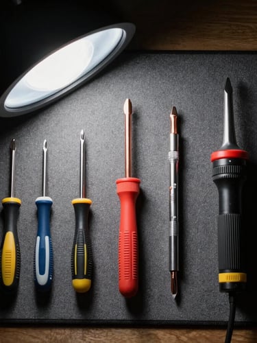 Top-down flat lay of professional computer repair tools, anti-static mat, precision screwdrivers, and copper soldering iron tip under focused cool bench light