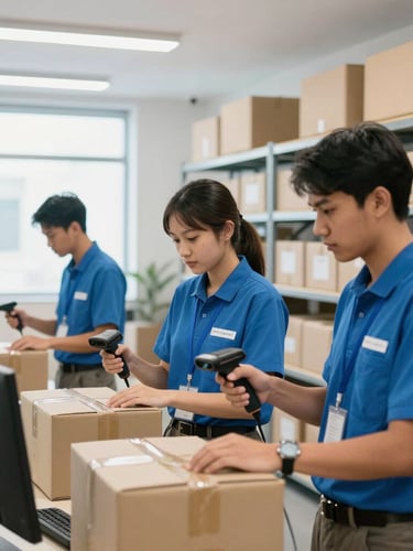 A modern logistics fulfillment warehouse in Jakarta, local workers sorting parcels with handheld scanners, bright clean indoor lighting, professional blue tones, 35mm lens.