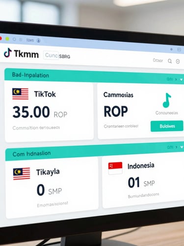 A clean professional close-up of a digital ad dashboard showing positive ROI and active TikTok campaigns in Malaysia and Indonesia, bright daylight, teal and blue tones, sharp focus, 35mm lens