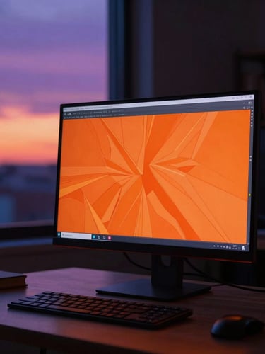 A vertical portrait of a digital artist's workspace at dusk, glowing monitor displaying vibrant orange vector art, dramatic low-key lighting.