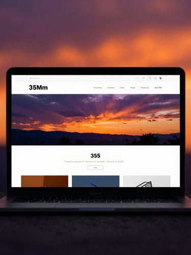 A high-fidelity website mockup displayed on a sleek dark device, vibrant sunset backlighting casting deep orange and purple glows, sharp focus, 35mm