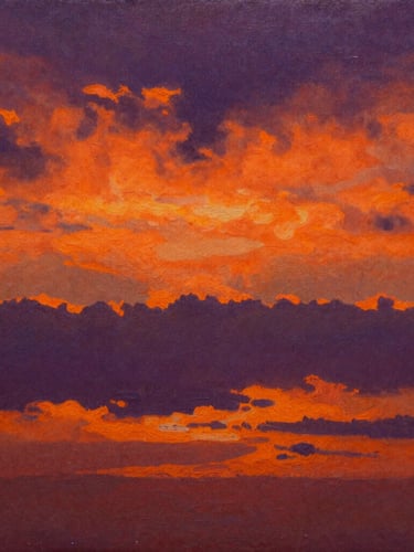 Macro shot of a digital painting showing rich sunset gradients of deep orange and purple with fine canvas texture, backlit by soft neon glow