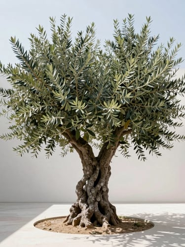 A majestic centuries-old olive tree with sculptural twisted trunk in a minimalist contemporary Italian garden, bright diffused daylight, soft natural shadows, 35mm lens
