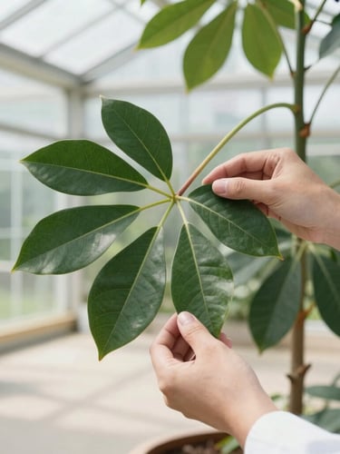 Hands of a botanist gently inspecting the underside of a large, healthy Ficus Lyrata leaf in a modern glass greenhouse, soft warm daylight.