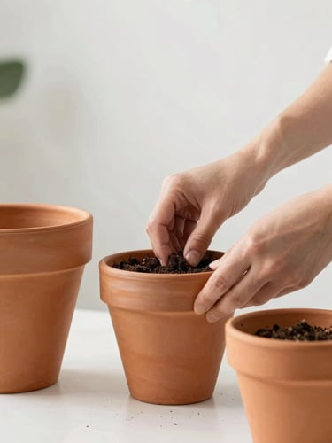 Hands working with premium terracotta pots, arranging soil for a structural indoor plant, soft daylight, 35mm lens.