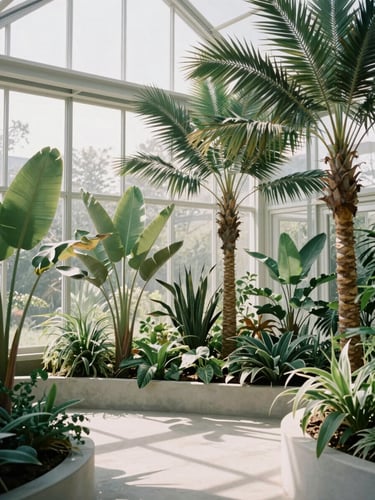 Bright, diffused daylight shot of a minimalist modern greenhouse interior, towering architectural plants and sculptural palms casting soft shadows on concrete floors, 35mm lens.
