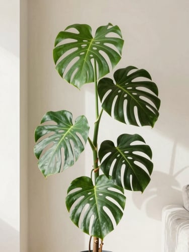 A tall architectural plant, Monstera Deliciosa Variegata, styled in a minimalist concrete living room with warm alabaster walls, bright diffused natural daylight, soft shadows, 35mm lens editorial photography