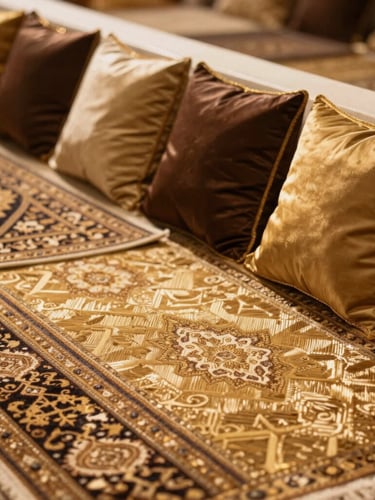 Close-up of hand-woven premium traditional carpets and perfectly aligned luxury cushions inside a high-end majlis setup, soft side lighting