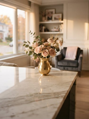 Elegant interior of an Ottawa home, soft warm lighting, a polished marble countertop reflecting a golden vase, shallow depth of field