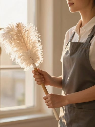 A professional housekeeper in elegant, tasteful attire holding a classic feather duster, warm golden-hour light filtering through a window, shallow depth of field