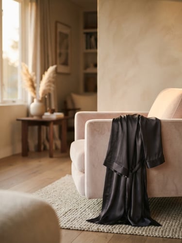 Tasteful editorial photograph of a modern, clean living room with soft golden hour light, a subtle silk robe draped elegantly over a velvet chair in the background, high-end boudoir style, shallow depth of field