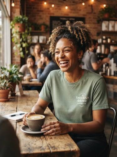 Warm editorial lifestyle photography, 50mm lens, a diverse woman in a sunlit coffee shop wearing a sage green graphic t-shirt, authentic candid moment, natural daylight.