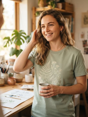 A close-up photograph of a woman wearing a soft sage green t-shirt with a subtle graphic design, standing in a sunlit home studio, warm natural daylight