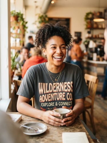 A candid portrait of a smiling woman in a warm sunlit coffee shop wearing a graphic tee with bold typography, 50mm lens, shallow depth of field.