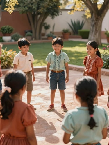 Children playing a traditional Mexican game in a sun-drenched garden, unposed and joyful, warm natural light casting soft shadows, shallow depth of field, 35mm editorial style.