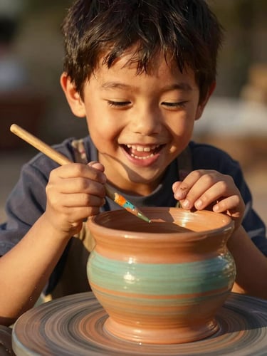 A close-up shot of a child laughing while painting a colorful clay pot, warm golden-hour light illuminating their face, shallow depth of field, rich terracotta and sage green tones, 35mm.