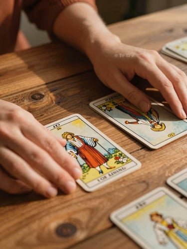 A warm editorial close-up of hands laying down tarot cards on a rustic wooden table, soft golden-hour natural light casting gentle shadows, terracotta tones, 35mm.