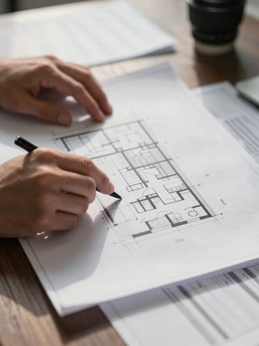 Close-up of hands reviewing architectural blueprints and financial spreadsheets on a dark oak table, soft morning daylight, high-contrast shadows