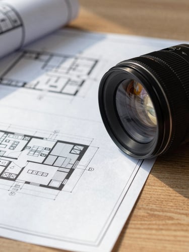 Macro close-up of architectural blueprints on a heavy oak table, soft morning daylight, high-contrast shadows, 35mm architectural lens
