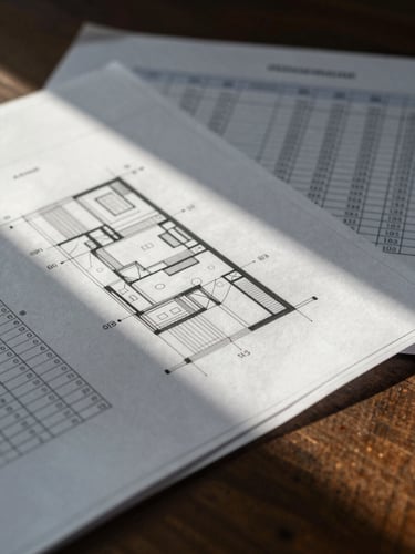Tight macro detail of architectural blueprints and financial spreadsheets on a dark wood desk, soft morning daylight, high-contrast shadows.