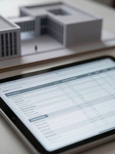 Detailed financial spreadsheet on a tablet screen, architectural model blurred in the background, overcast daylight, muted corporate tones