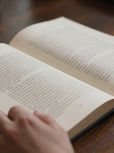 Dramatic low-key side-lit shot of hands reviewing a high-quality printed manuscript on a dark wooden library table, focusing on the texture of the paper.