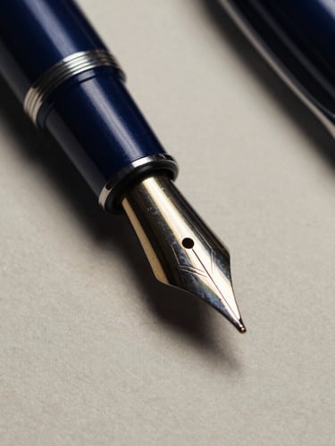 Macro close-up of a classic fountain pen nib resting on heavy textured ivory paper, dramatic side-lighting, high contrast, deep navy shadows.