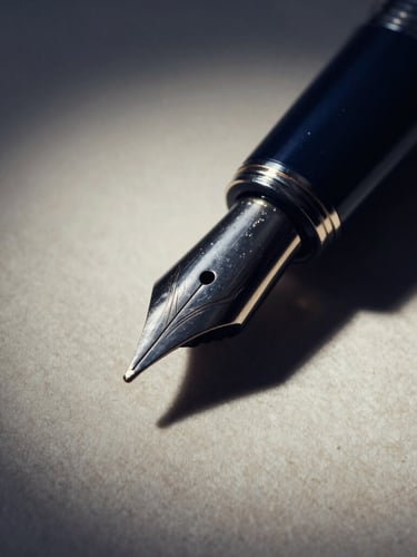 Macro close-up of a luxury fountain pen tip resting on heavy textured ivory paper, dramatic side-lighting, deep navy shadows, high contrast editorial style