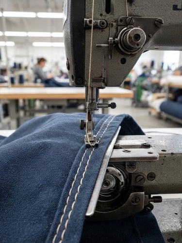 Close-up of industrial sewing machinery stitching heavy navy blue textile on an organized factory floor, bright neutral daylight, sharp focus on needle and thread