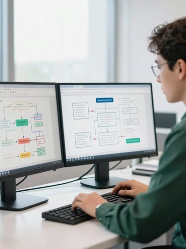Focused security analyst examining clean data visualizations and flowcharts on dual monitors in a bright modern workspace, daylight, professional, sharp focus