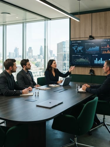 Bright environmental shot of a modern corporate boardroom with architectural glass, clean natural daylight, professional consultants in business-casual attire reviewing security charts on a screen, 35mm lens, sharp focus
