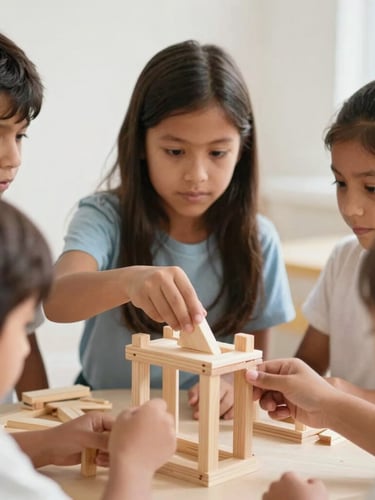 Bright editorial photography of Latin children collaborating on building a wooden structure, natural daylight, soft warm tones, candid eye-level shot