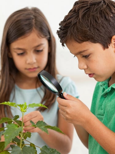 Bright editorial photography of a Latin child exploring a plant with a magnifying glass, natural daylight, soft warm tones, candid close-up shot, shallow depth of field