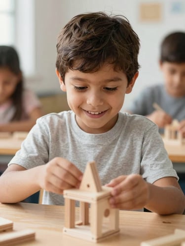 Bright natural daylight photography of a Latin child smiling while building a creative wooden project, warm tones, shallow depth of field, 35mm