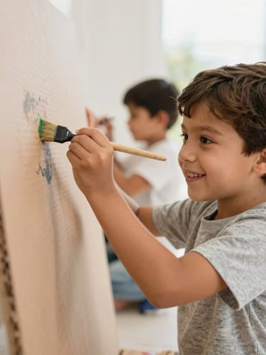 Bright editorial photography, natural daylight, a Latin child smiling while painting a large cardboard structure with a brush, soft warm tones, shallow depth of field, 35mm.
