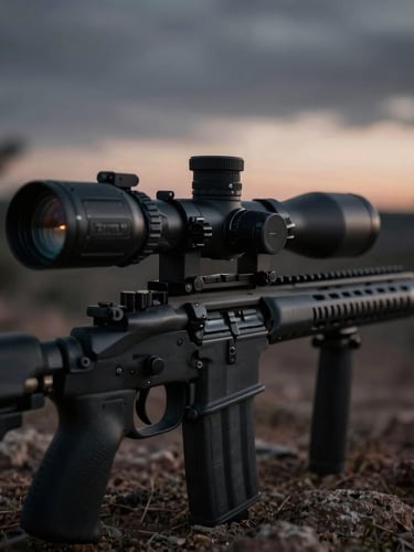 Close-up of a high-end thermal optic mounted on a rifle, in sharp focus, with a blurred background of rugged Texas terrain at dusk. Dramatic low-key lighting, desaturated dark tones with high contrast, 35mm, portrait aspect.