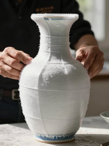 Tight, macro shot of a delicate porcelain vase being wrapped in thick, custom-cut protective foam by a specialist in a bright, sunlit Al Safa villa.