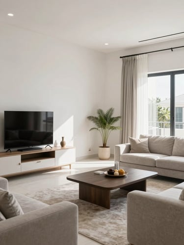 Bright, natural Dubai daylight illuminating a beautifully arranged, clean villa living room post-move, with pristine walls and perfectly placed high-end furniture.